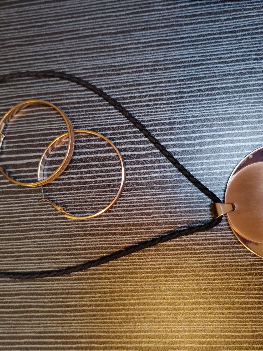 Gold Disc Pendant Necklace on Braided Black Cord